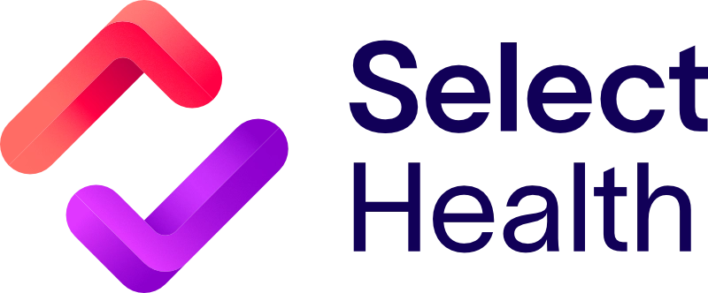 Select Health logo featuring two stylized checkmark/ribbon shapes in coral-red and purple beside the words “Select Health” in dark blue.